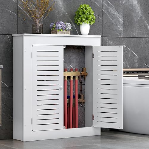 Modern MDF värmeskåp hylla Louvered grill kylarskydd med 2 dörrar kalvspån golvstående design för hem vardagsrum (vit 50 x 68 x 20 cm)