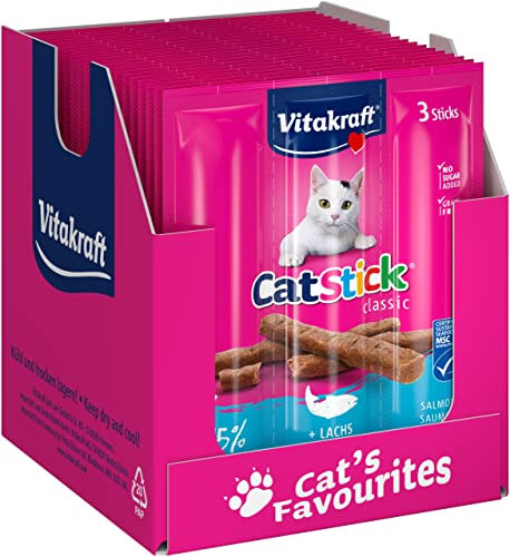 Vitakraft Cat Stick Classic, Katzensnack, fleischige Mini-Sticks, mit Lachs in MSC Qualität, in Vorratsgröße, ohne Zusatz von Zucker und Getreide (20x 3 Stück)