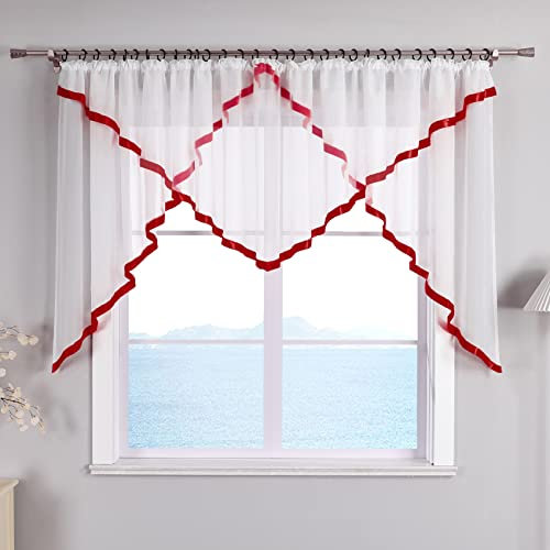 ESLIR Scheibengardine mit Kräuselband Gardinen Küche Bistrogardinen Transparent Stores Vorhänge Mit Satinband Voile Beere HxB 145x300cm 1 Stück