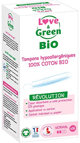 Love & Green Tamponi ecologici 100% cotone biologico - Normale con applicatore x 16 tamponi - Certificati GOTS da ECOCERT