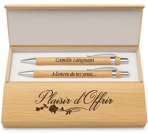 weastyle Stylos Personnalisés x2 avec Coffret Cadeau Bois Gravé – Ensemble Stylos Bois Prénom ou Message – Cadeau Couple, Amis, Anniversaire, Saint-Valentin