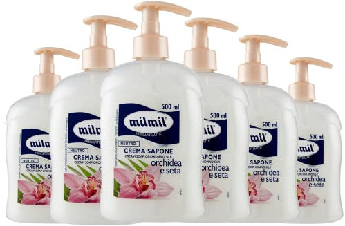 Milmil Sapone Liquido, Fragranza Orchidea & Seta, Formula Idratante per Pelli Sensibili, con Dispenser, Sapone Mani, Viso e Corpo, Dermatologicamente Testato - 6 x 500 ML