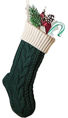 Nanou 18” Knitted Christmas Stockings, 1 Pack, Green Body & Ivory Cuff