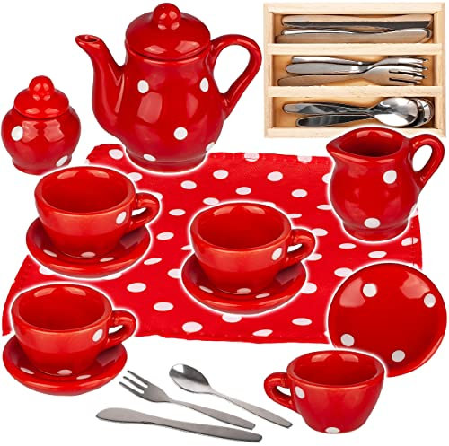 alles-meine.de GmbH 27 TLG. Set Puppengeschirr/Kaffeeservice & Teeservice + Besteckset - Bunte Punkte - Geschirr Porzellan/Keramik - Porzellangeschirr - Kinderküche - Pickn..