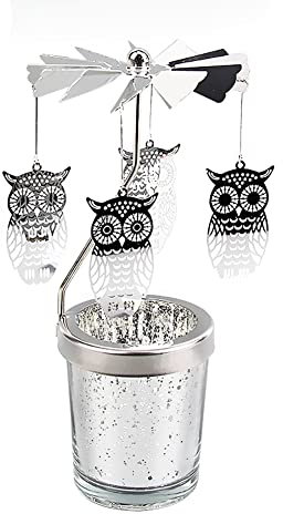 Rotierende Kerzenhalter,Spinning Kerzenhalter Silber Karussell-Teelicht Kerzenständer Vintage Teelichthalter Kerzenhalter für Tischdeko Wohnzimmer Weihnachtsdeko Zuhause Hochzeit,Eule