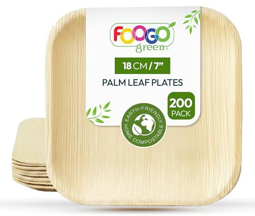FOOGO Green 200pcs Disposable Palm Leaf Plates, 7(18cm) for Desserts | Eco Friendly, Biodegradable, Compostable Like Wooden, Bamboo & Small Square Paper Plates for Hot Food, Picnic Wedding Parties