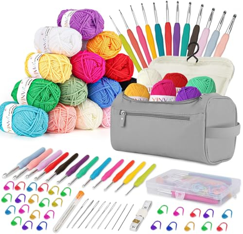 YINVA Crochet Kits for Beginners Adults Crochet Hooks Set 15Pcsx25g Crochet Yarns Ergonomic Metal Crochet Hooks 2mm-8mm Knitting Accessories Tools Storage Case Needles Crochet Starter Kit-Light Gray