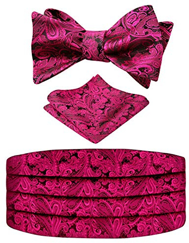 Alizeal herr klassisk paisley självknuten justerbar fluga, kummerbund och ficknäsduk set, 133-Svart+Het Rosa, en storlek