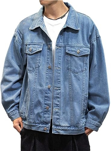 L9WEI Jacka herr, herr jeansjacka enfärgad revers övergångsjacka herr denim jackor höst långärmad fritidsjacka mode streetwear, Mörkblå, XL