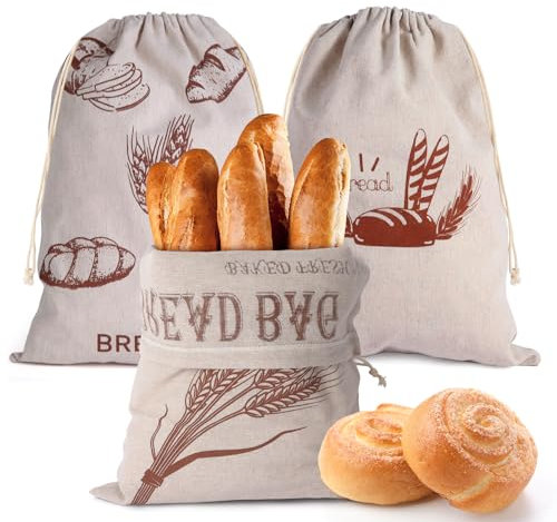 Gelewuld Lot de 3 sacs à pain en lin pour pain fait maison, 40 x 30 cm, sacs à pain réutilisables pour garder le pain frais, sacs de rangement avec cordon de serrage