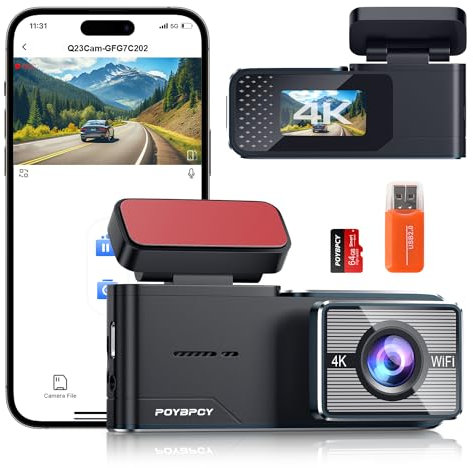 WiFi Dashcam Auto Vorne, 4K UHD Auto Kamera mit 64G SD Karte, App-Steuerung, 1.47 Zoll,170°Ultraweitwinkel, Nachtsicht, WDR, Loop-Aufnahm, G-Sensor, Parküberwachung