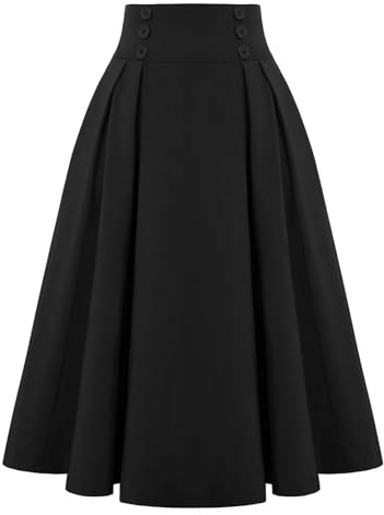 Falda Midi a Cuadros para Mujer Falda Plisada de Cintura Alta con Bolsillos Falda Elegante Acampanada con Cintura elástica en Forma de A-Negro-M