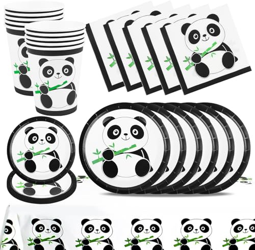 Panda festservis set, födelsedagsfest dekoration, panda tema barnkalas porslin tallrikar, koppar, servetter, bordsdukar festtillbehör för 10 gäster