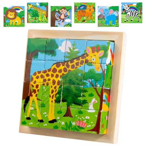 Würfelpuzzle Holz, Bilderwürfel Holz, 3D Bilderwürfel Puzzlespiele,Würfelpuzzle,Würfelpuzzle Puzzlespiele 6 in 1 Tier-Motive für Kinder ab 2 3 4 Jahren,Holzpuzzle Montessori Spielzeug Jungen Mädchen