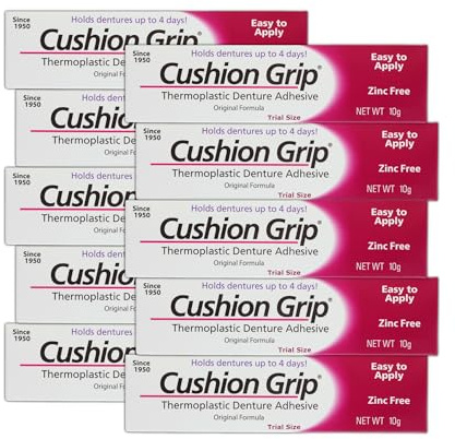 Cushion Grip Adesivo termoplastico per protesi, 9,9 g, formato da viaggio (confezione da 10), rimonta e stringe protesi sciolte in movimento, adesivo non colla, agisce come un morbido reliner