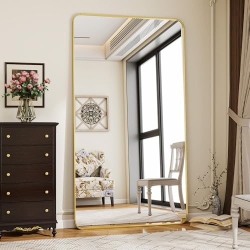 Koonmi Miroir sur pied avec coins arrondis, 76 x 171 cm, grand miroir mural sur pied, pour chambre à coucher, salon, doré