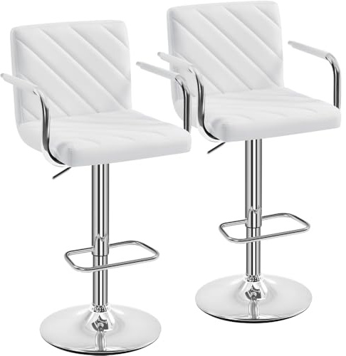 Yaheetech Juego de 2 Taburetes de Bar de Polipiel Sillas de Bar Giratorias de Altura Ajustable con Respaldo Reposapiés Reposabrazos para Bar Cocina Hogar Blanco