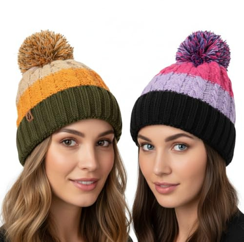 A2Z Ladies Multi Stripe Bobble Faux Fur Sherpa Lined Pom Pom Beanie Hats - Lightweight, Stretchy, Soft Feel Winter Warm Cozy Caps - Comfortable Women's Winters Hats