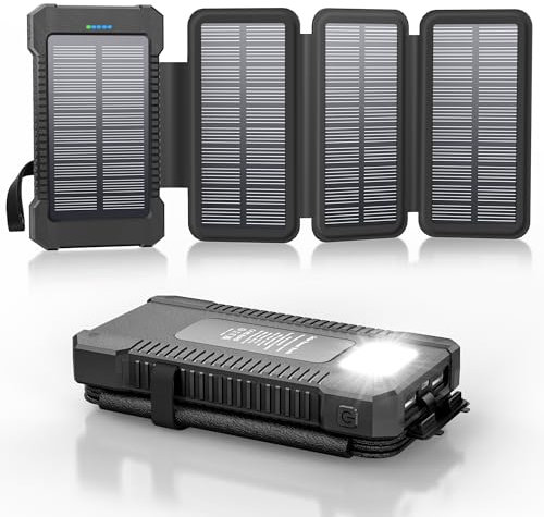 Cargador Solar 26800 mAh con 4 Paneles Solares, Power Bank Solar USB-C 18W de Carga Rápida, Baterías Externas al Aire Libre Impermeables IPX7 con luz de Linterna/SOS/Estroboscópica.