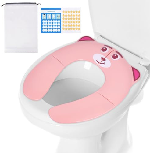 HOTUT Asiento Inodoro Plegable para Niños, Infantil Portatil Plástico Adaptador WC, Antideslizante Plegable Reductor WC para Viaje para Niños y Niñas, Viene con 1 Pegatinas de Estrellas-Rosa