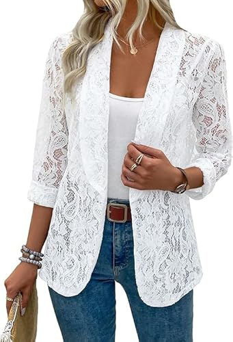 MINTLIMIT Women's Lace Blazer Open Front Button Down Sheer Mesh Blazer Elegant 3/4 Sleeve Casual Blazers Jacket