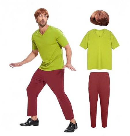 AKFJDLAD Costume à poils longs d'Halloween pour adultes et hommes - Costume d'un personnage de film classique - T-shirt vert à manches courtes et pantalon marron - Tenue avec perruque (2XL)