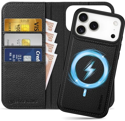 Shieldon Coque 2 en 1 Cuir Véritable pour iPhone 17 Pro Max 6,9 Pouces 5G 2025, Housse Portefeuille Détachable [Recharge sans Fil] Etui Magnétique [RFID Blocage] Case Wallet - Grain Litchi Noir