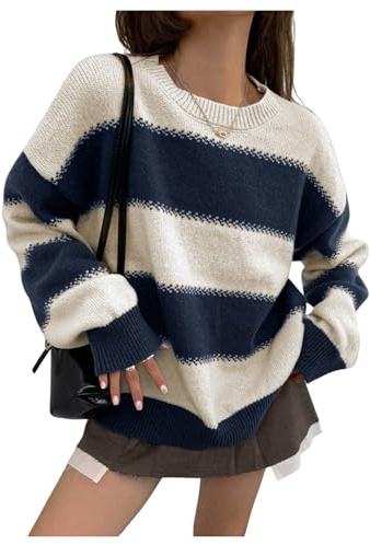Verdusa Women's Striped Sweater Color Block Pullovers Sweaters Long Sleeve Knit Tops Multicoloured Medium