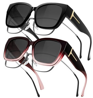 J.Fée 2Pack Fit Over Sunglasses for Women Men Over Glasses Sunglasses Womens Ladies Sunglass Oversized Frame Overglasses Sun Glasses for Men Polarised Lenses UV400 Protection for Driving&Outdoor