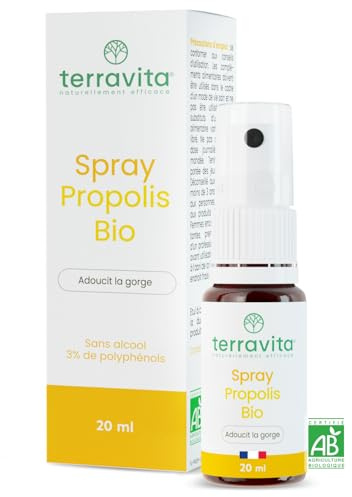 Spray Propolis Bio | 20 ml | Apaise la Gorge | Extrait de Propolis Large Spectre concentré en Polyphénols et Enrichi en Miel Bio | Immunité Enfant et Adulte | Sans Alcool | Made in France | Terravita