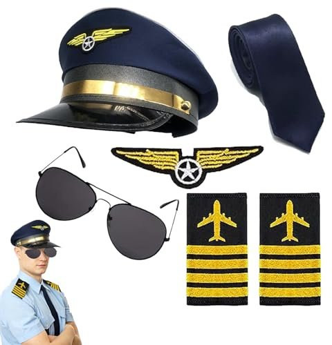 BICUIYIT Accesorios de traje de capitán piloto, incluye sombrero, gafas de sol, corbata e insignias para fiestas, carnaval y cosplay (Azul Marino)
