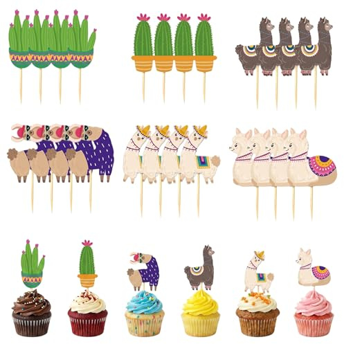 Yphzmtz 24 adornos para cupcakes de alpaca, decoración de tartas de llama multicolor, accesorios para fiestas de cumpleaños infantiles, lindas selecciones para magdalenas, tartas y fiestas de animales