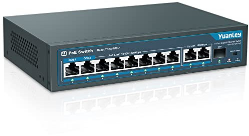 YuanLey 11 Ports Gigabit Switch PoE, 8 Ports PoE+ 1000Mbps, 2 Gigabit Uplink, 1 SFP Port, 120W 802.3af/at, Métal, Qos, Commutateur Ethernet de Détection AI Intelligente Plug and Play