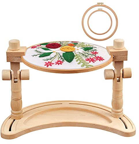 ZOCONE Cercle à broder multifonction en bois de hêtre avec 2 cerceaux à broder de 15,2 cm et 20,3 cm, support rotatif réglable pour point de croix, support de cercle à broder pour projet de broderie