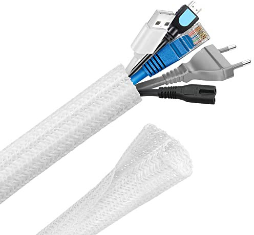 Hocerlu Manchon de Cache Câble Réglable, 3m Range Gaine Câble Tressé en PET, Protection Gestion des Câbles pour TV, PC, USB - Diamètre 12-20 mm, Blanc