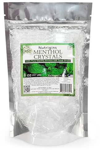Nutrigins Menthol Crystal 8 Oz - Pure Organic 100% Natural - Menthol Crystals from Mint Mentha Arvensis - Comes in Resealable Standup Bag for Long-Lasting Freshness