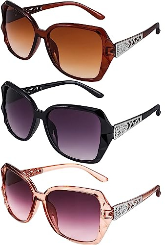 3 Pcs Women's Vintage Large UV 400 Polarized Sunglasses with Oversized Classic Shiny Frame and Sparkling Design