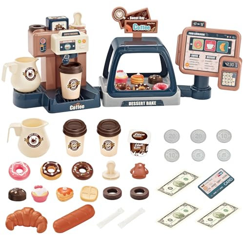 deAO Kids Coffee Shop Role Play Set with Working Coffee Machine, Dessert Display, Coffee Maker Play Set with Dessert Accessories, Interactive Toys with Lights & Sounds, Birthday Gift for Kids 3+​​