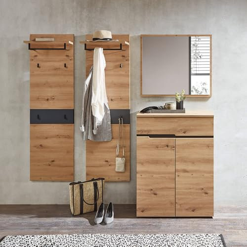 Lomadox Garderoben Set Flurgarderobe mit Spiegel und 2 x Garderobenpaneel in Artisan Eiche Nb. mit Graphit