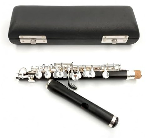 Holzkorpus, Versilberte Tasten, Piccoloflöte In C-Dur, Halbgroßes Flöteninstrument Mit Koffer Querflöte für Anfänger (Color : Black)