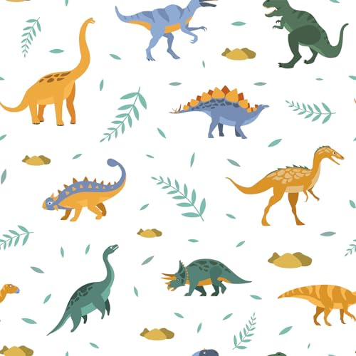 CRE8TIVE Papier peint de dinosaures - Papier peint blanc - Motif dessin animé - Papier peint autocollant pour chambre d'enfant - 30,5 x 300 cm