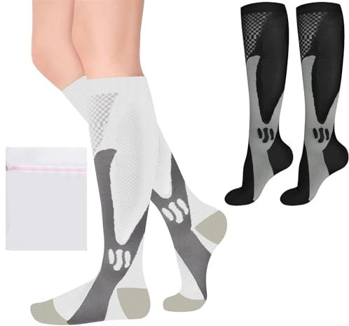 ACWOO Kompressionsstrümpfe Damen und Herren, 2 Paare Kompressionssocken Medizinisch Kompressionsstrümpfe 20-30 mmhg, Thrombosestrümpfe für Sport, Outdoor (S/M, Schwarz/Weiß)