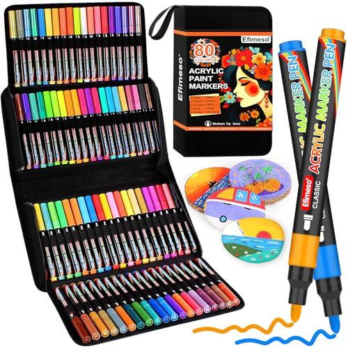 Efimeso Acrylstifte Set, 80 Farben Acrylstifte Für Steine Wasserfest Für Stein, Holz, Leinwand, Keramik, Glas, Stoff, 3 Mm Mittlere Acrylic Paint Marker Für Erwachsene DIY Handwerk