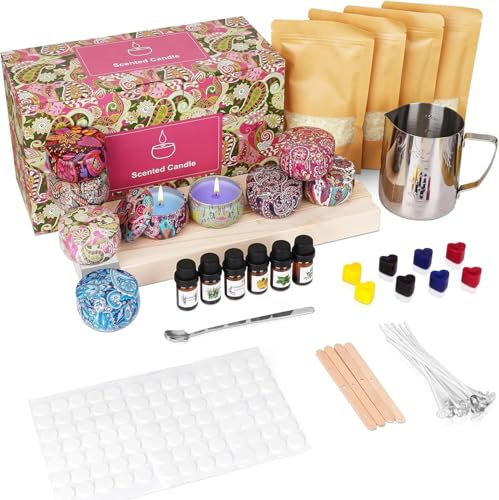 KEARLGMBH Kerzen Selber Machen Set, Candle Making Kit Zubehör Enthalten, Duftkerze Geschenke mit 480g Bienenwachs,9 Dosen,6 ätherisches Öl,Kerzendochte,Dochthalter,Dochte Aufkleber Rührlöffel