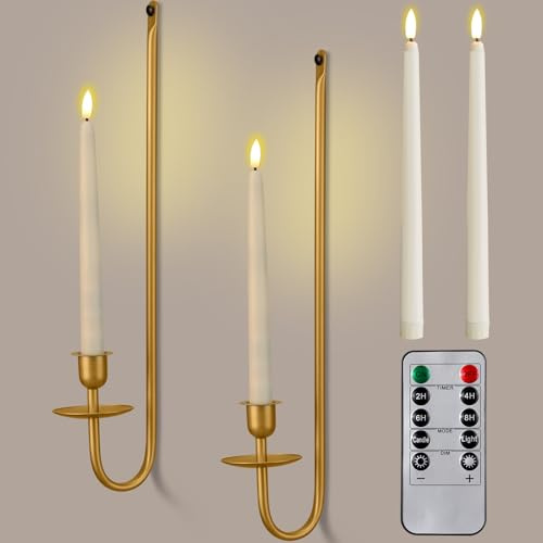 Tessco for you Metal Wall Mount Candle Sconces with 9.6 LED Flameless Taper Candles and Remote Timer 16.5 Wall Hanging Sconces Set for Living Room Fireplace Hallway Stairway(Gold,2 Set)