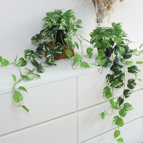 Fake Pothos Hanging Plants - 33 Set of 2 Artificial Silk Ivy Vines with Pots, Realistic Faux Greenery for Indoor Home Office Bathroom Decor, Low Maintenance Hanging Plant Decoration - Golden Green