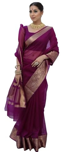 TRAFAART Sari Indien En Organza Pour Femme, Sari À Bordure Traditionnelle Avec Chemisier Non Cousu - Violet