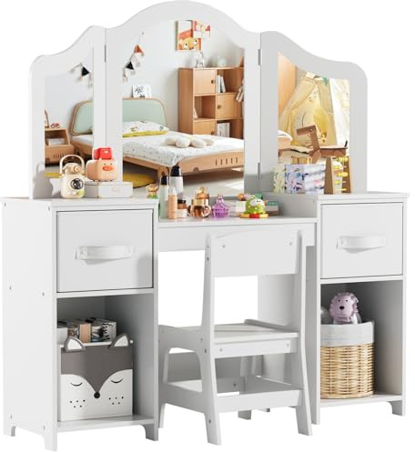 MAMIZO Toeletta Trucco Bambina 2 in 1, Toeletta per Bambini con Specchio Rimovibile, Sgabello, 2PCS Cassetto in Tessuto, Postazione Trucco, Scrivania per Bambi, 108x30x114 cm, Bianco