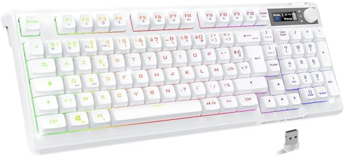 Spirit Of Gamer - Elite K60, Clavier Gamer Semi-Mécanique sans Fil Bluetooth Rechargeable, Autonomie 360h, Connexion 2.4 GHZ, Ecran LCD, 15 Effets Rétroéclairage RGB, 19 Touches Anti-Ghisting, Blanc
