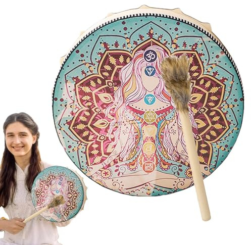Schamansk handtrumma – handgjord PU-lädertrumma, traditionell rund slagverk – instrument | djup andlig trumma, träracket, vintage shaman verktyg för meditation, ritualer och klanen
